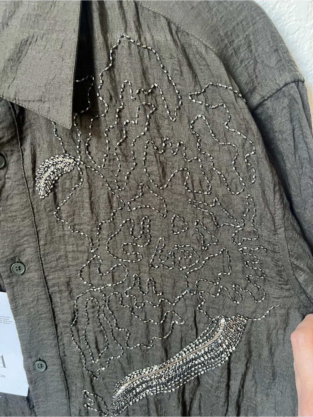 Zara Men Limited Edition Floral Beaded Embroidered Shirt NWT Gunmetal Green - Picture 7 of 11